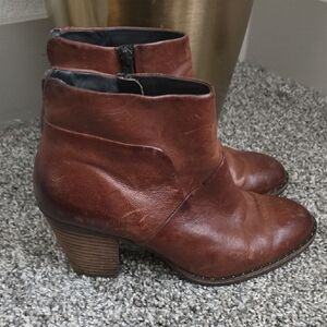 Paul Green Brown Leather Ankle Booties with Block Heel Size 8.5